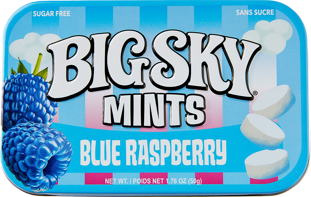 A photo of Big Sky's blue raspberry mints tin.