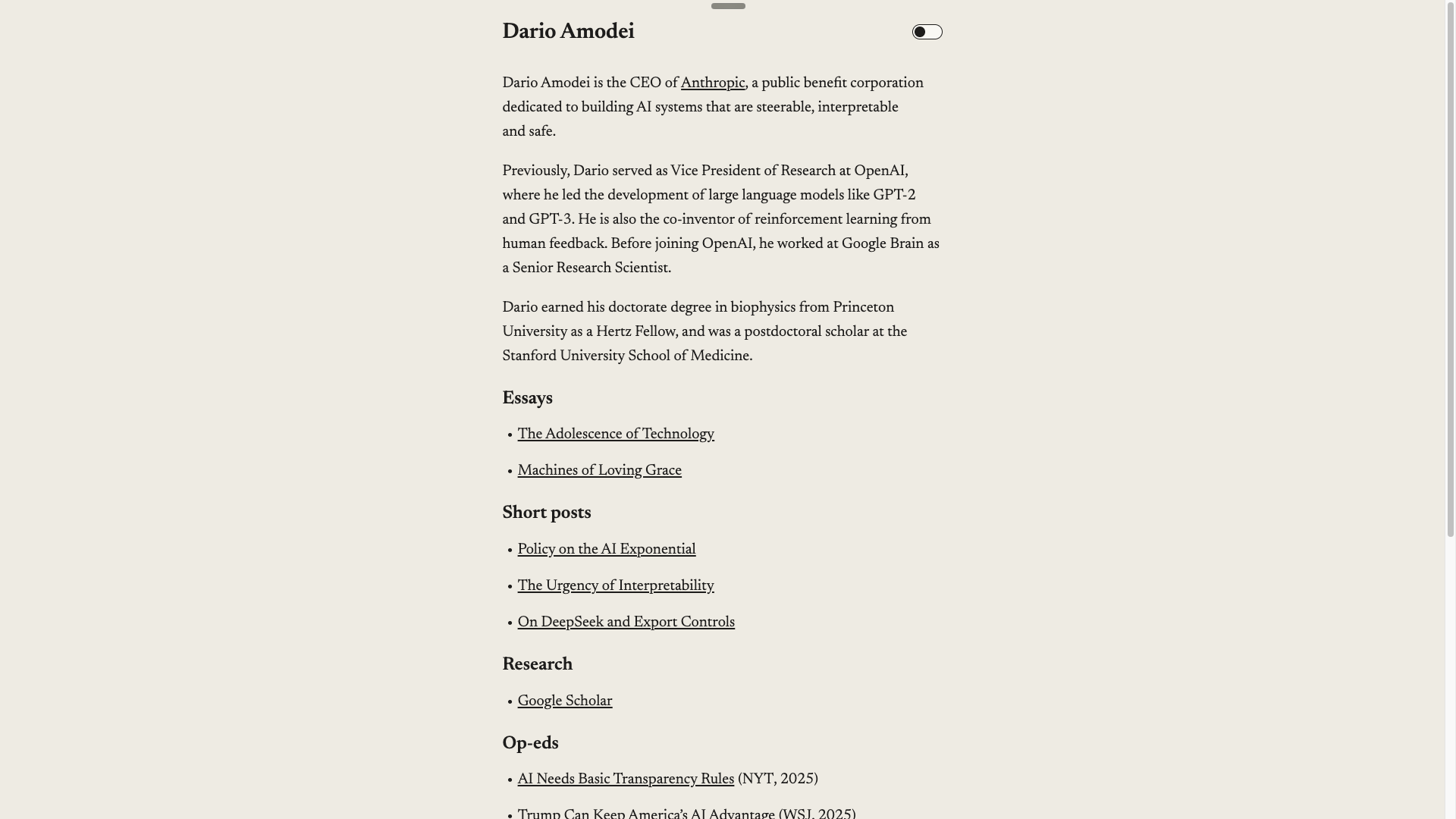 Dario Amodei’s website (CEO of Anthropic)